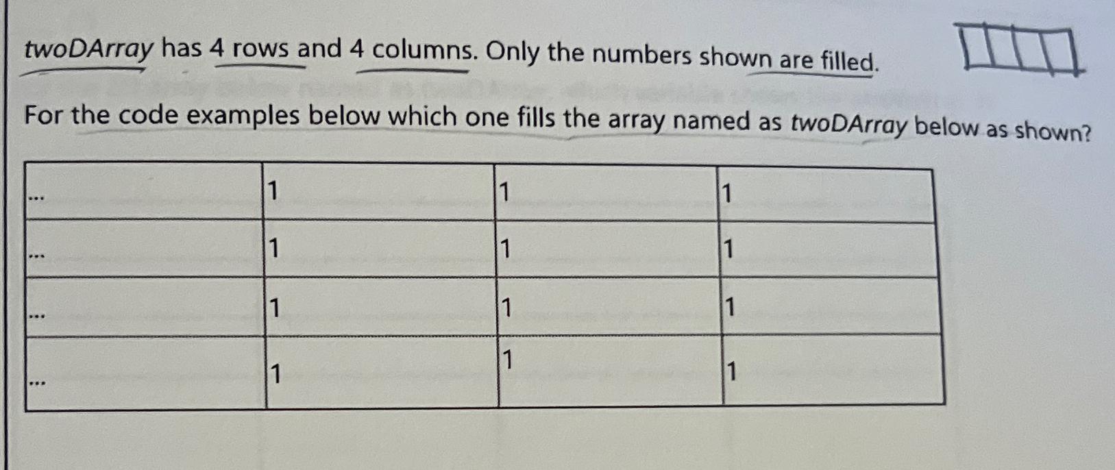  twoDArray has 4 rows and 4 columns. Only the numbers shown