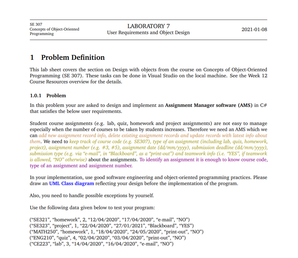 please object oriented programming c# SE 307 Concepts of Object-Oriented Programming LABORATORY