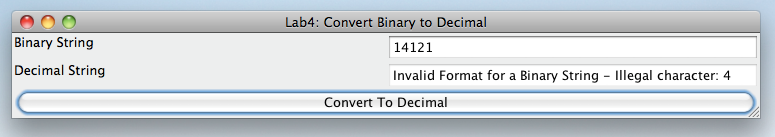 hexadecimal string into a decimal number. Implement parseBinary method to throw a