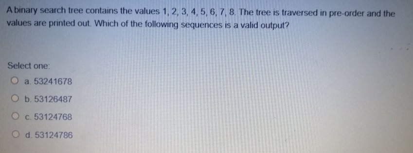 A binary search tree contains the values 1, 2, 3, 4,