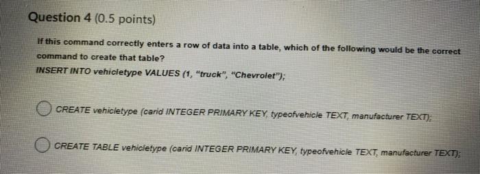  Question 4 (0.5 points) If this command correctly enters a row