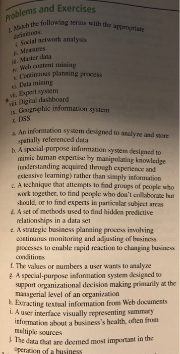  blems and Exercises atch the following terms with the appro i.