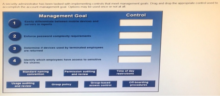  Put the correct option in the right box. A security administrator