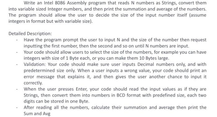 full program needed Write an Intel 8086 Assembly program that reads N