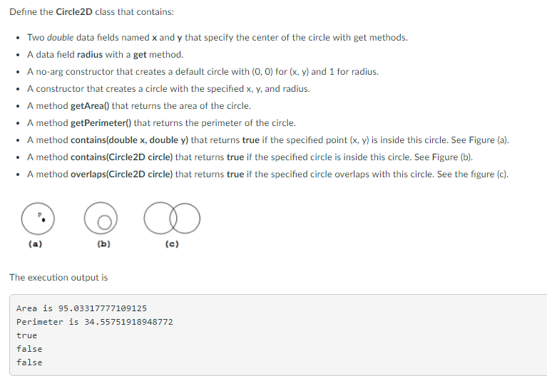 Java Code Help Define the Circle2D class that contains Two double data