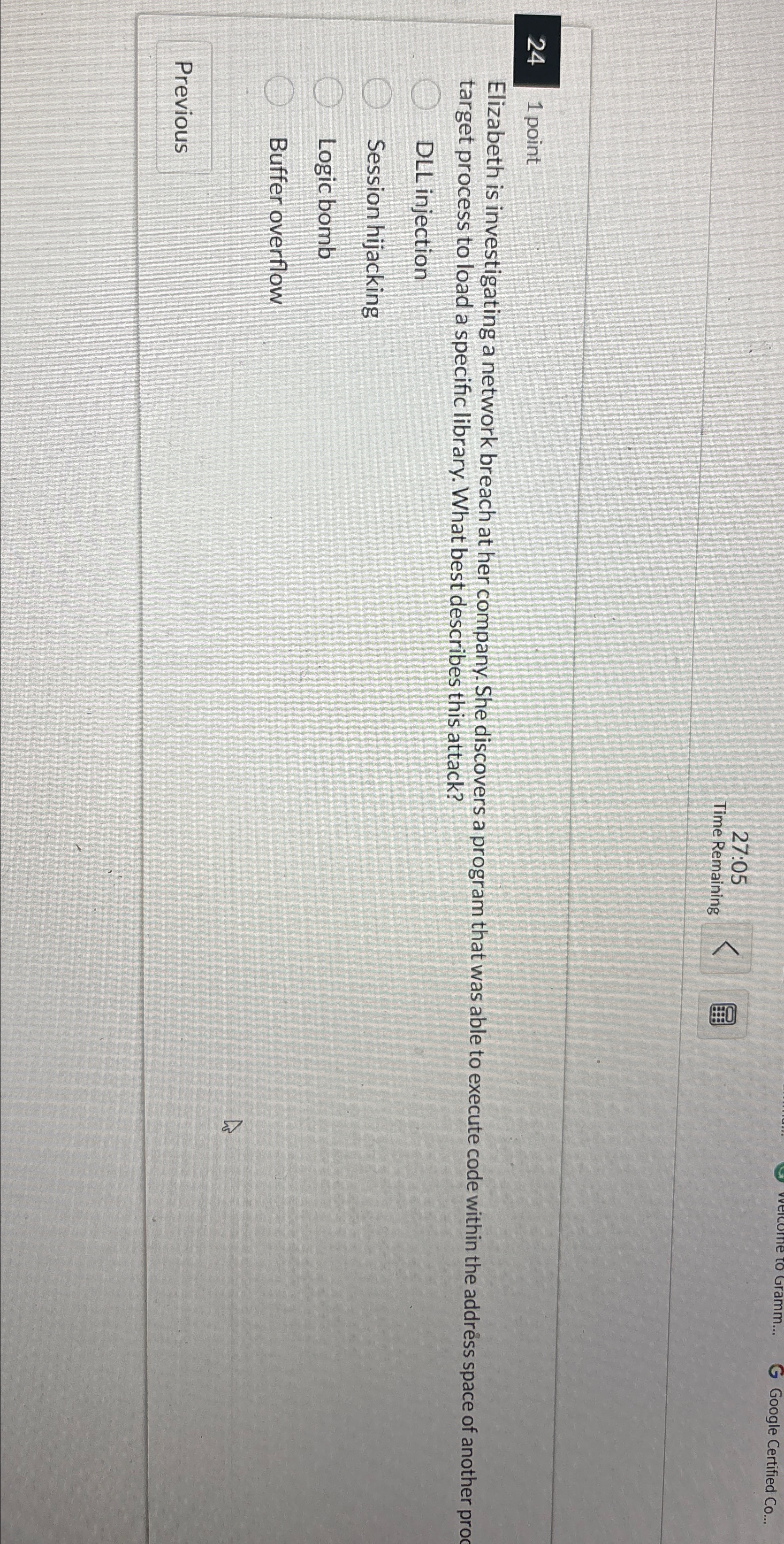  27:05 Time Remaining 24 1 point Elizabeth is investigating a network