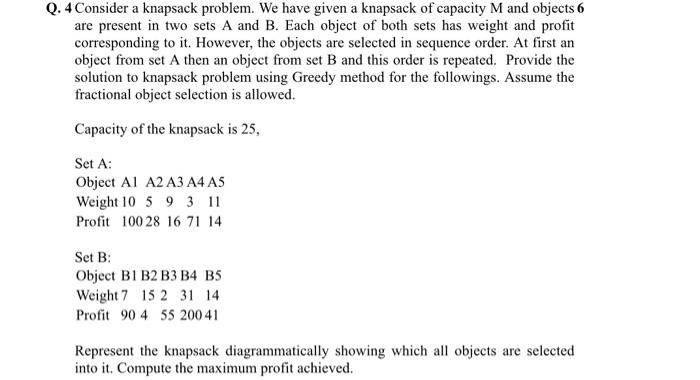  Q. 4 Consider a knapsack problem. We have given a knapsack