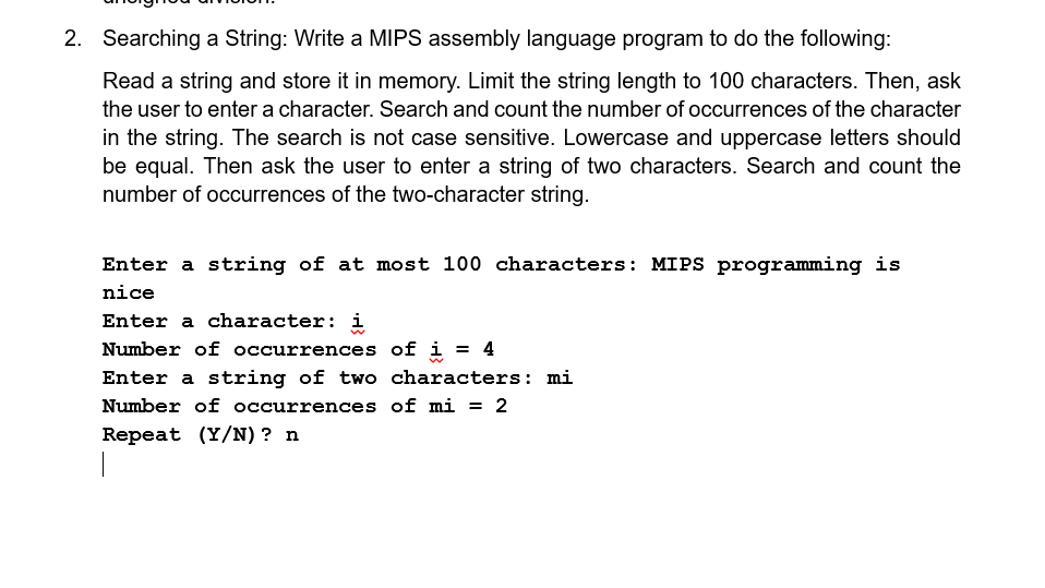 2. Searching a String: Write a MIPS assembly language program to do