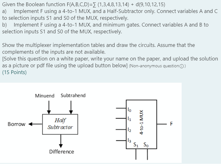  Given the Boolean function F(A,B,C,D)= (1,3,4,8,13,14) + d(9,10,12,15) a) Implement Fusing