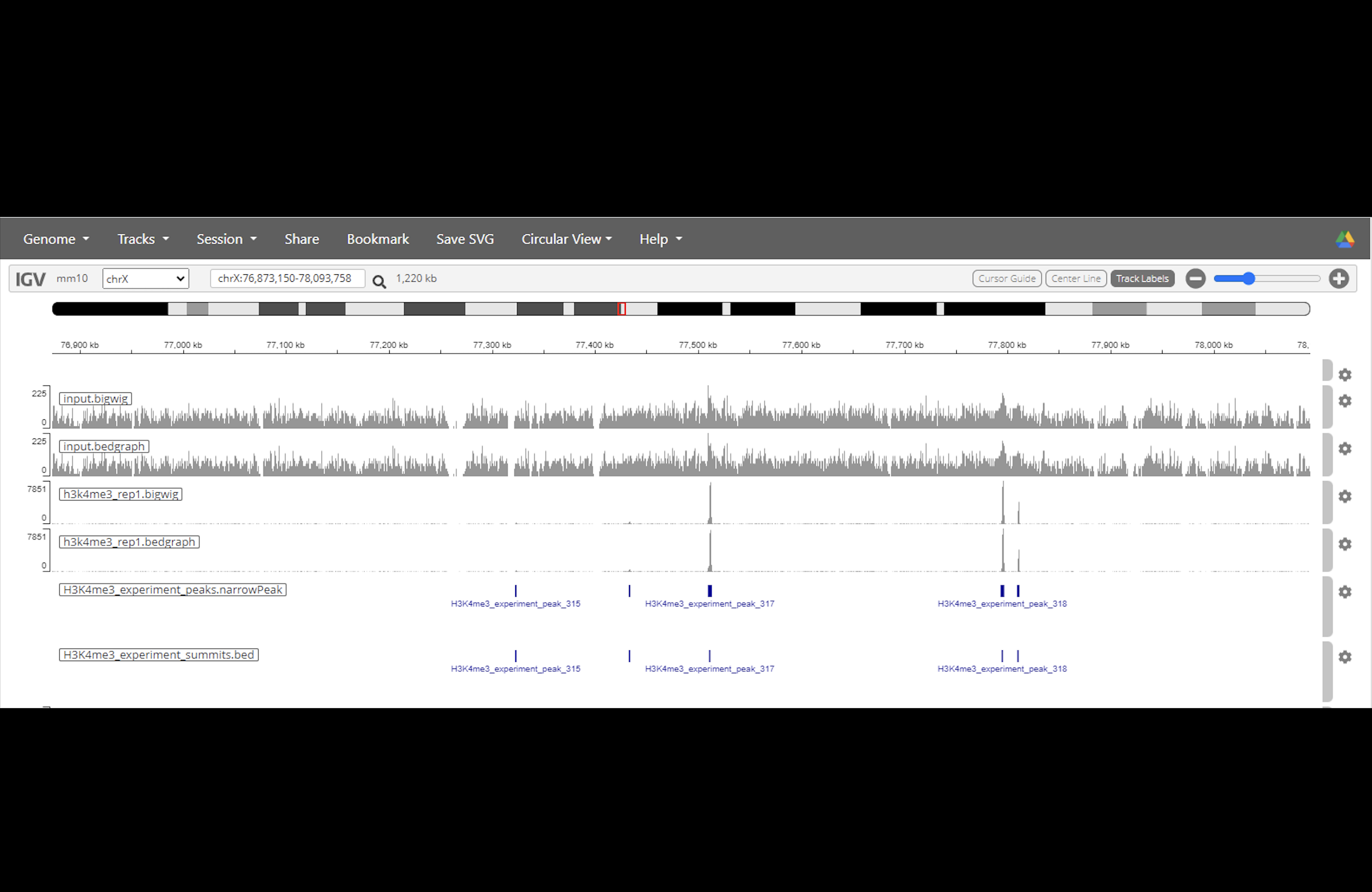  Load both the *_summits.bed and *_peaks.narrowPeak file into IGV. What is