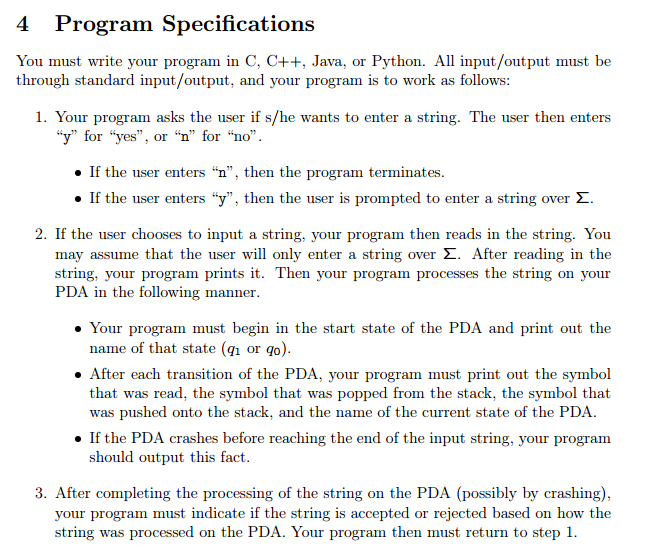 Need help creative a Python or Java implementation for a PDA of
