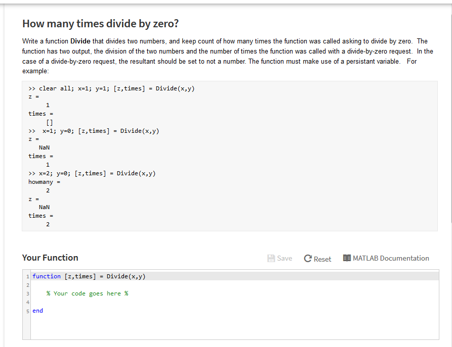 Matlab Question: !Must use persistent Variable! How many times divide by zero?