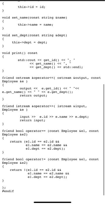 &dept):name(name),id(id),dept(dept) {} string get_name() const { return name; } int get_id() const