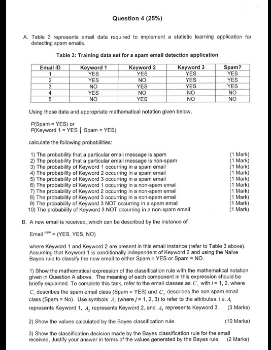  Question 4 (25%) A. Table 3 represents email data required to