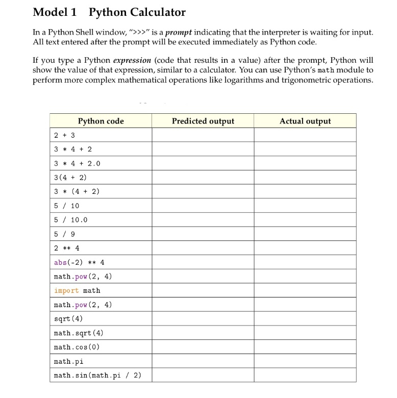  Model 1 Python Calculator In a Python Shell window, ">>>" is