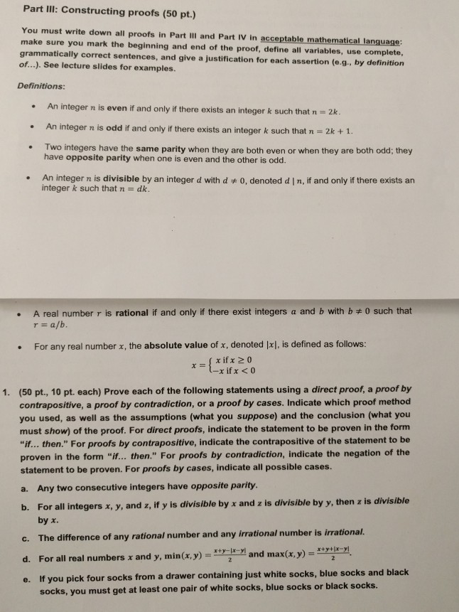  proofs Part II: Constructing proofs (50 pt.) You must write down