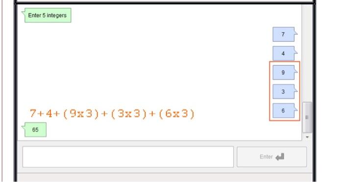 Enter 5 integers 3 5 5+4+ (3x3)+5+8 8 8 31 - Enter