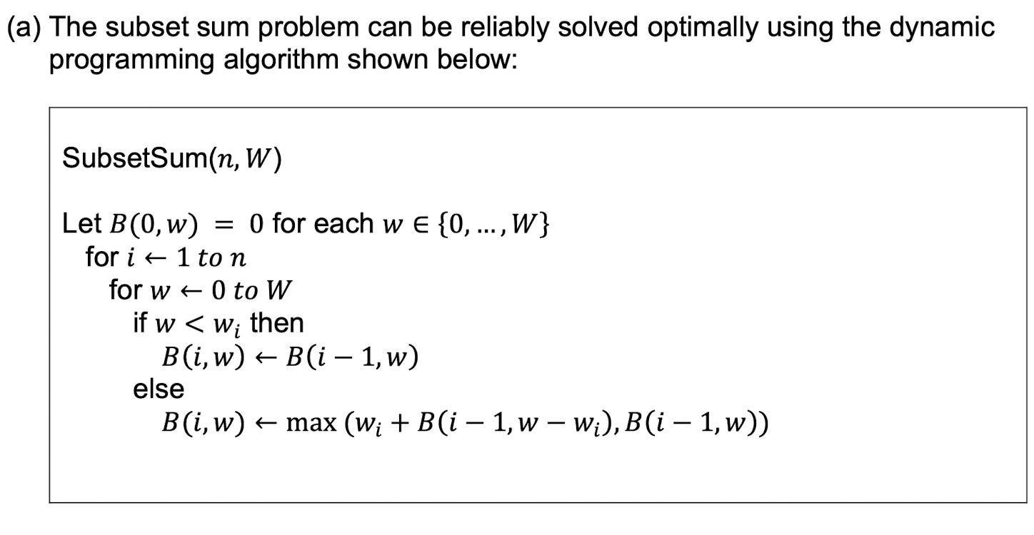  (a) The subset sum problem can be reliably solved optimally using