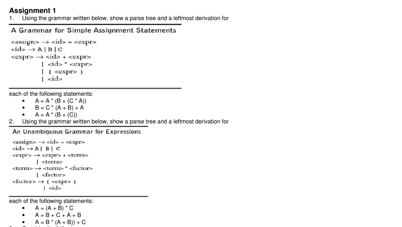  Assignment 1 1. Using the grammar written below, show a parse