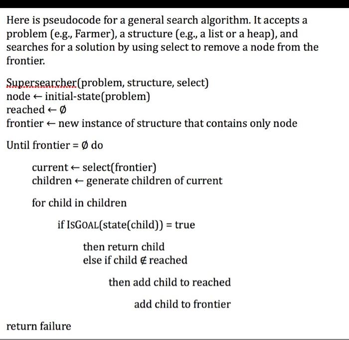  Here is pseudocode for a general search algorithm. It accepts a