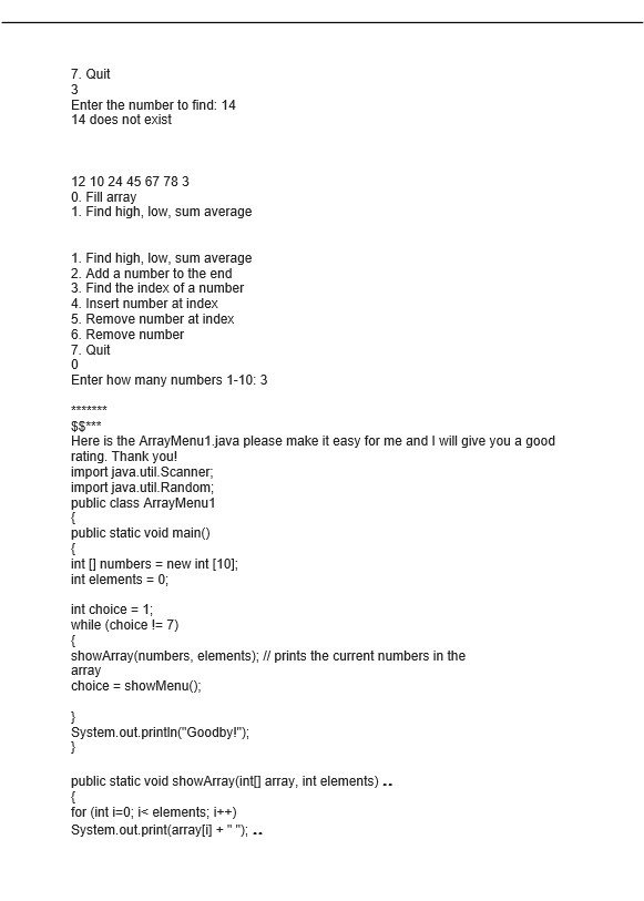 end 3. Find the index of a number 4. Insert number at