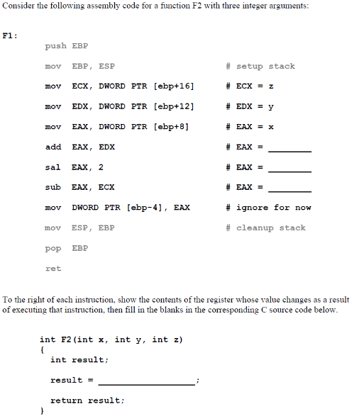  Consider the following assembly code for a function F2 with three