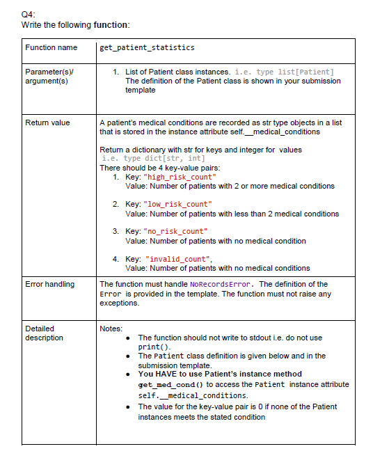  Q4 Write the following function: Function name get_patient_statistics Parameter(s) argument(s) 1.