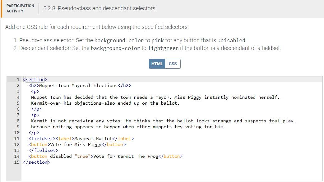 Add one CSS rule for each requirement below using the specified selectors.