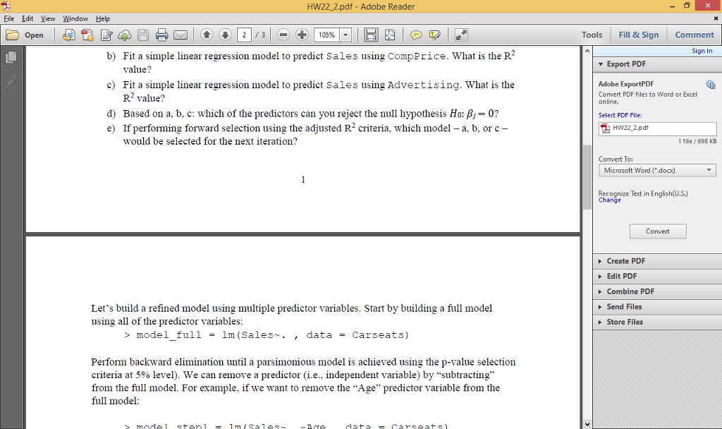 Exercise 1 (Chapter 3 10 Revised This exercise relates to the Cars