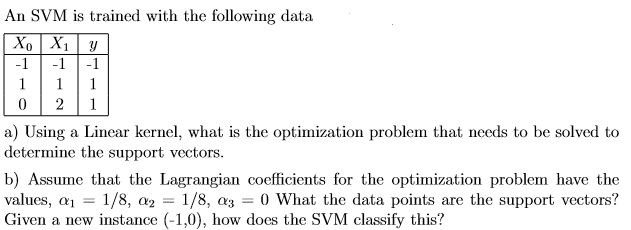 Answer this question below: An SVM is trained with the following data
