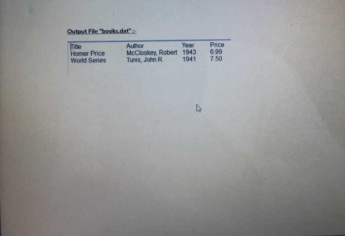 do I create an output file for books.dat? pw.printin(title+It' author+t+year t+df.formatprice): 144.