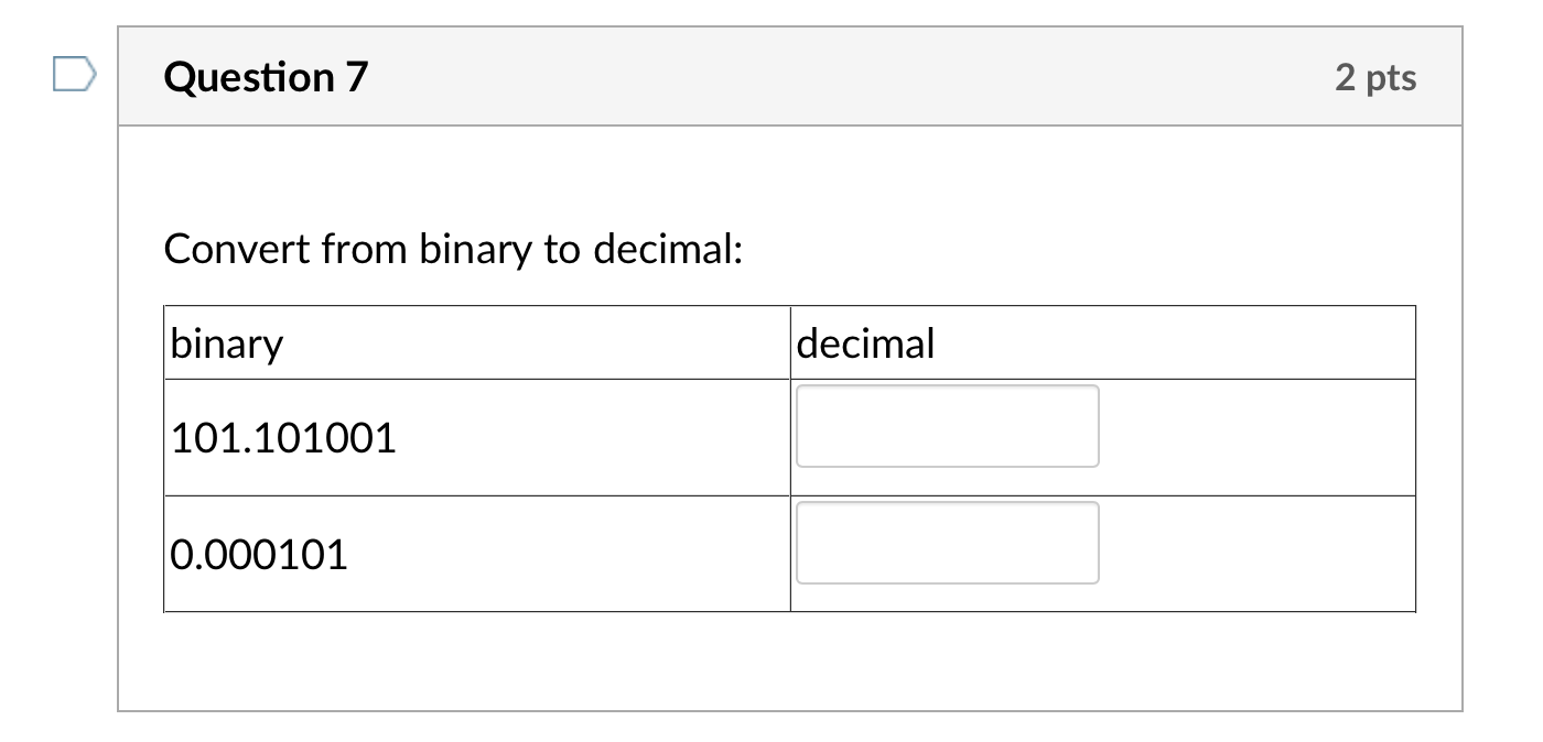 Question 7 2 pts Convert from binary to decimal: binary decimal