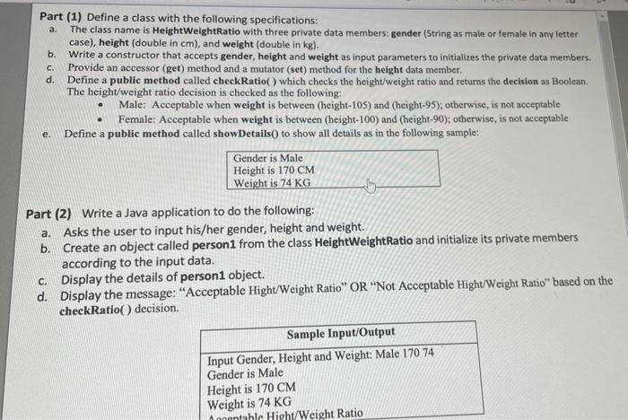 java1 a. C. Part (1) Define a class with the following specifications:
