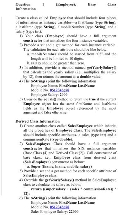  Computer Programming II (Adv. Java) Information Create a class called Employee