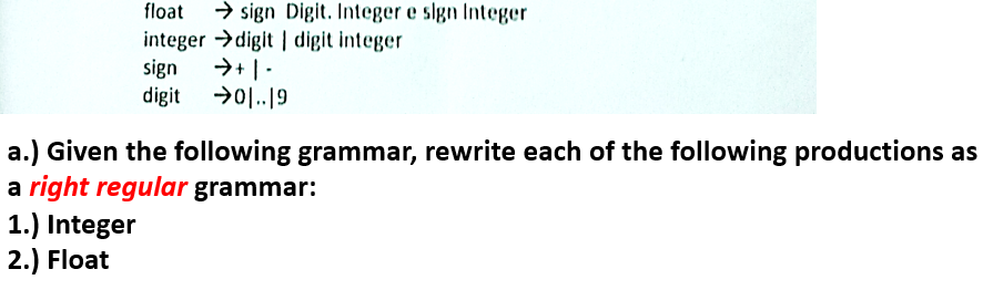 Rewrite productions as right regular grammar, for integer and float. Float rightarrow