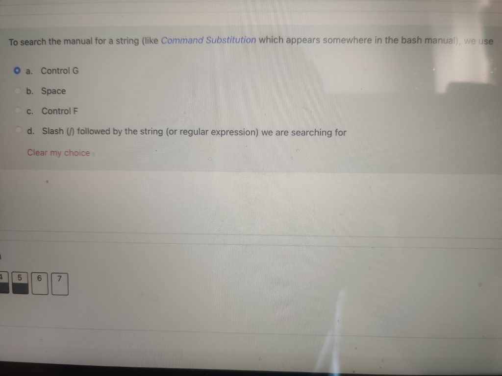 To search the manual for a string (like Command Substitution which