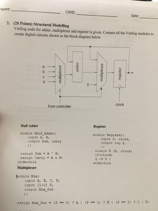  Name: CWID Date:_ 2. (20 Points) Structural Modelling Verilog code for