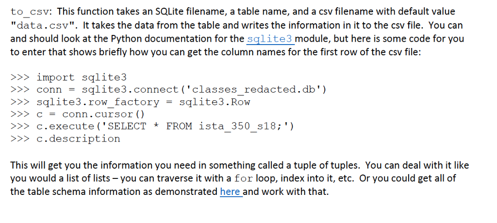 PYTHON 3, please help and explain.. to csv: This function takes an