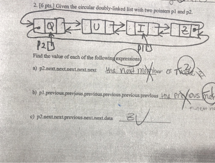  2. [6 pts. Given the circular doubly-linked list with two pointers