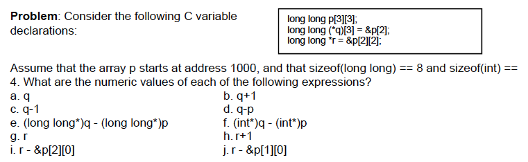  Consider the following C variable declarations: Assume that the array p