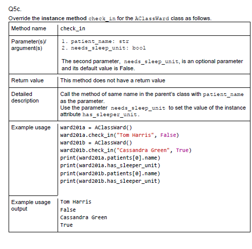  Q5c. Override the instance method check_in for the AclassWard class as