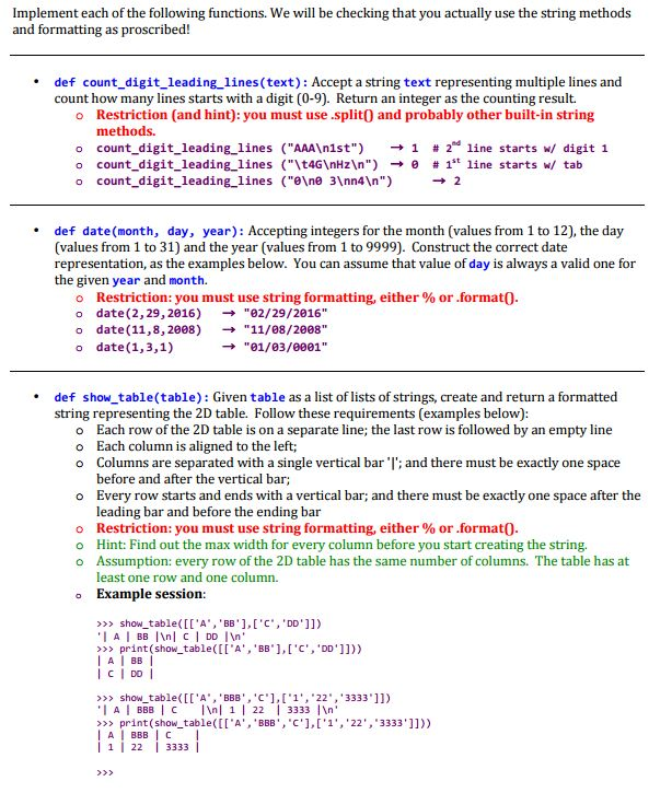 Help with these functions on python Implement each of the following functions.
