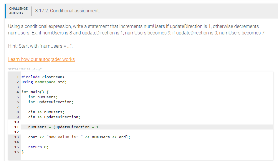  c++ Using a conditional expression, write a statement that increments numUsers