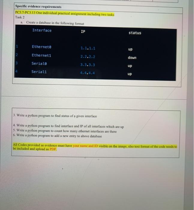  please use (interface, IP, Status) as the keys (using python )