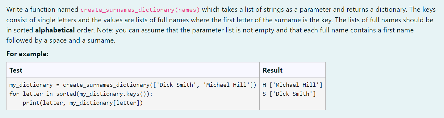  plz use python thanks Write a function named create_surnames_dictionary(names) which takes