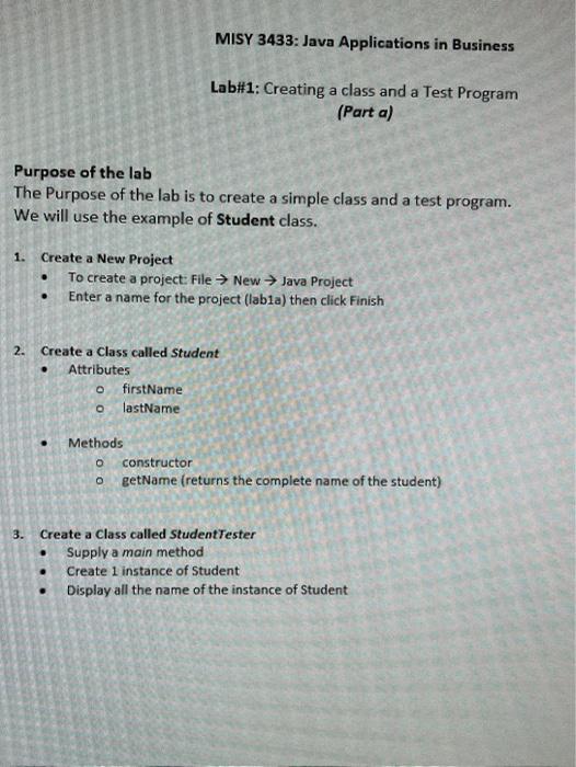 MISY 3433: Java Applications in Business Lab#1: Creating a class and