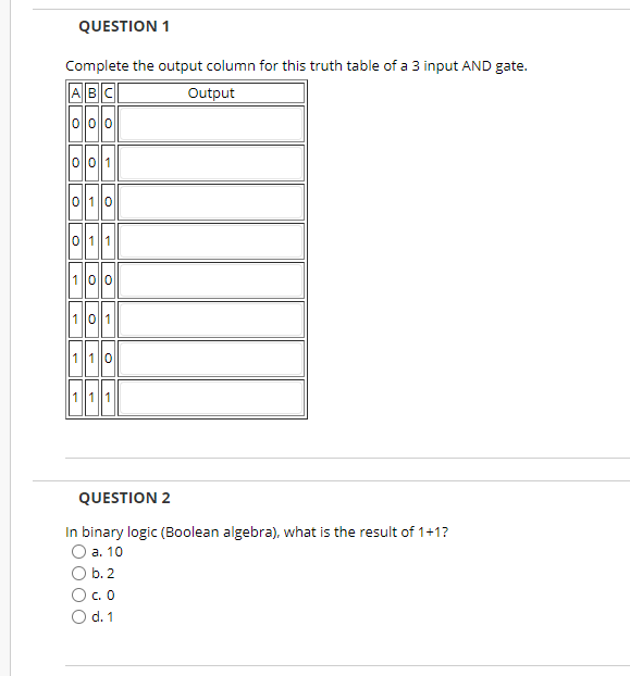  QUESTION 1 Complete the output column for this truth table of
