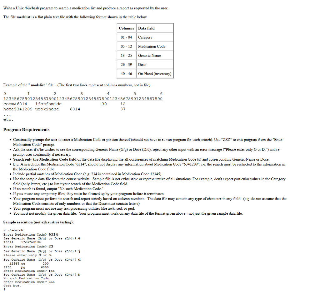Write a Unix /bin/bash program to search a medication list and