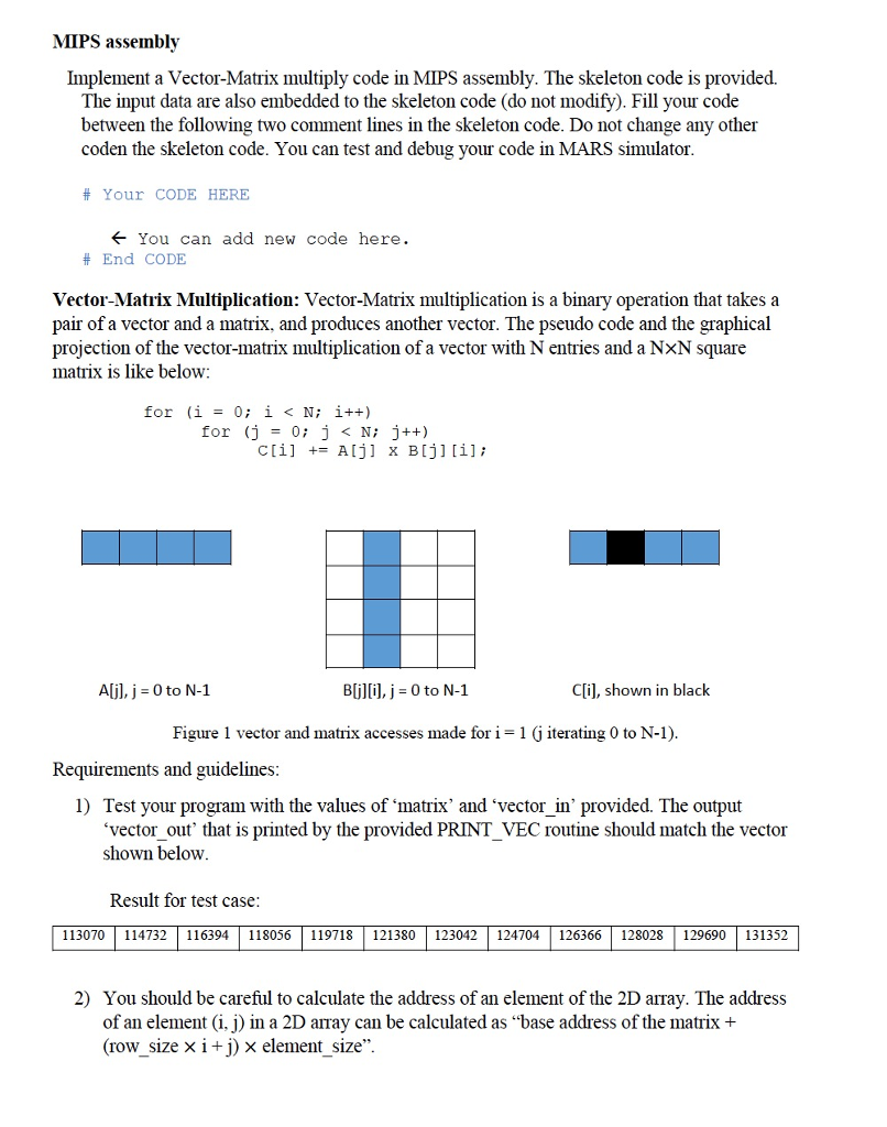  MIPS assembly Implement a Vector-Matrix multiply code in MIPS assembly. The