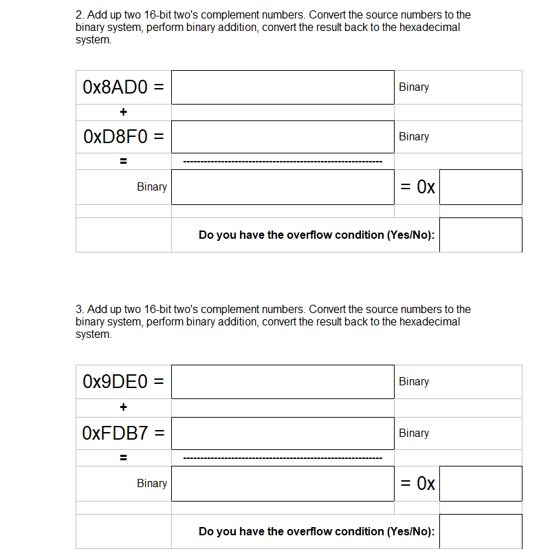  Binary Arithmetic with complements 2. Add up two 16-bit two's complement